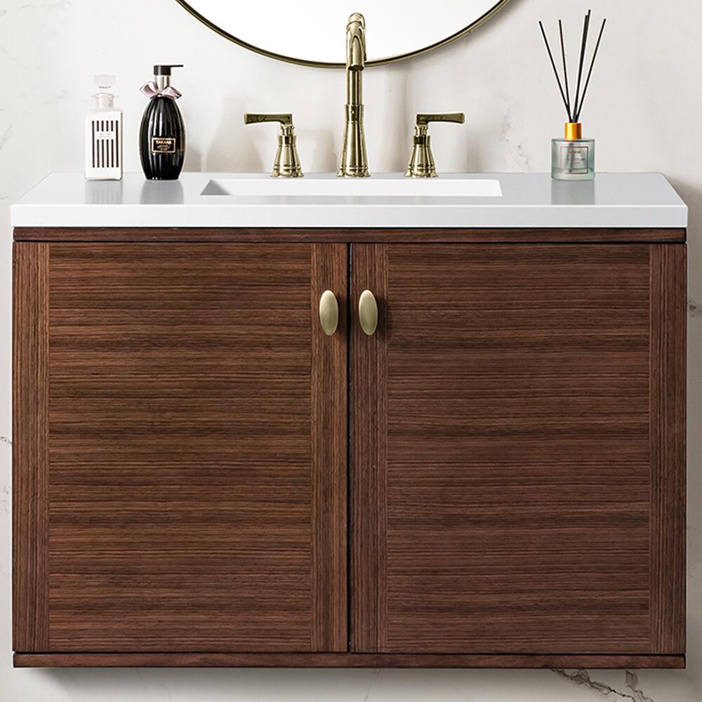 James Martin Vanities Amberly 36&quot; Single Bathroom Vanity in Walnut with 3 cm White Zeus Quartz Top and Rectangular Sink, , large