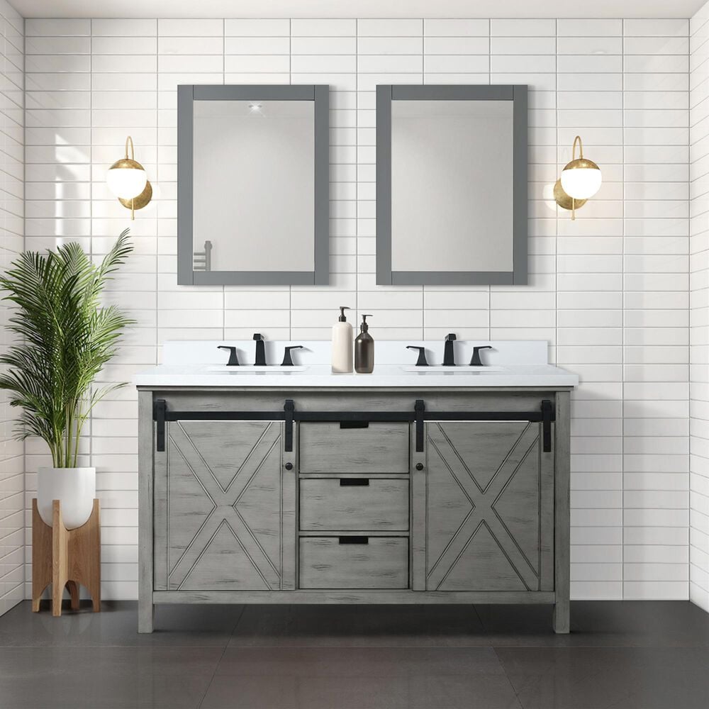 Lexora Home Marsyas 60&quot; Double Bathroom Vanity in Ash Grey with 2 cm White Cultured Marble Top and Rectangular Sinks, , large