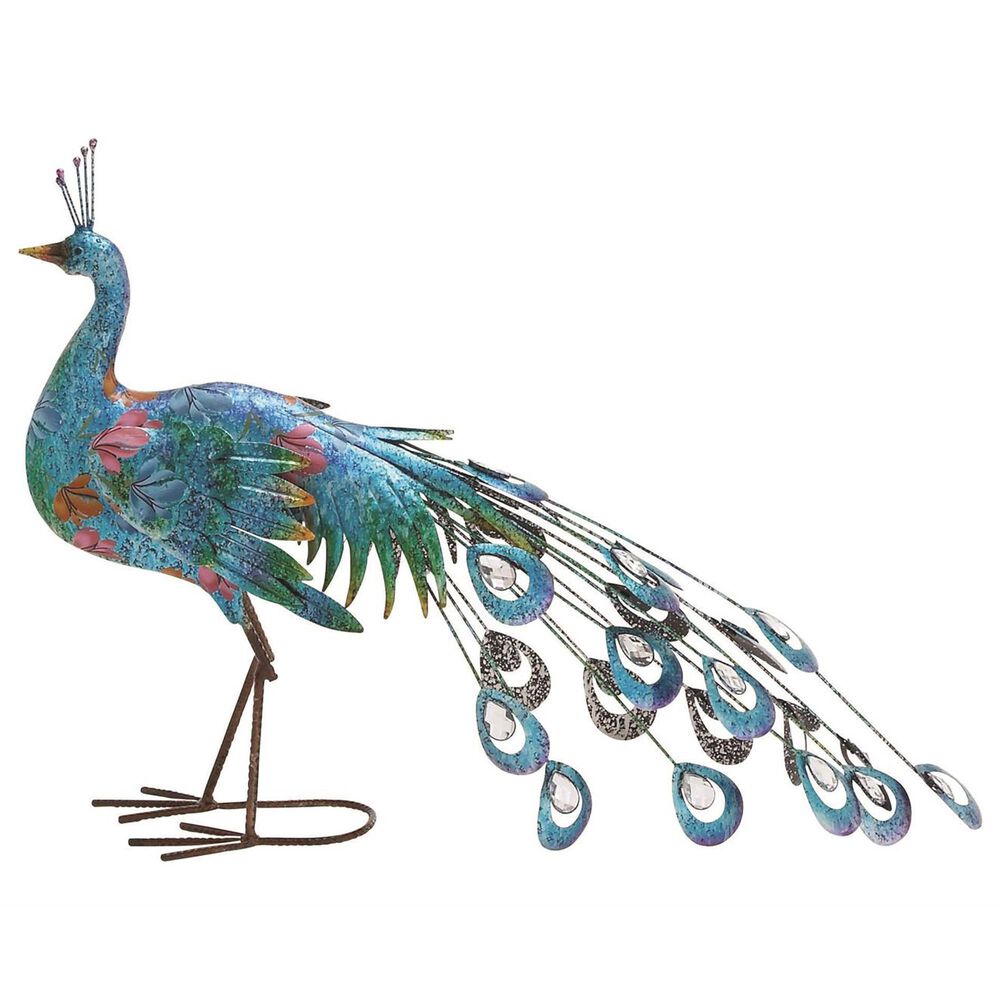 Maple and Jade Peacock Decorative Garden Sculpture with Crystal Accents in Teal, Blue, Pink and Orange, , large