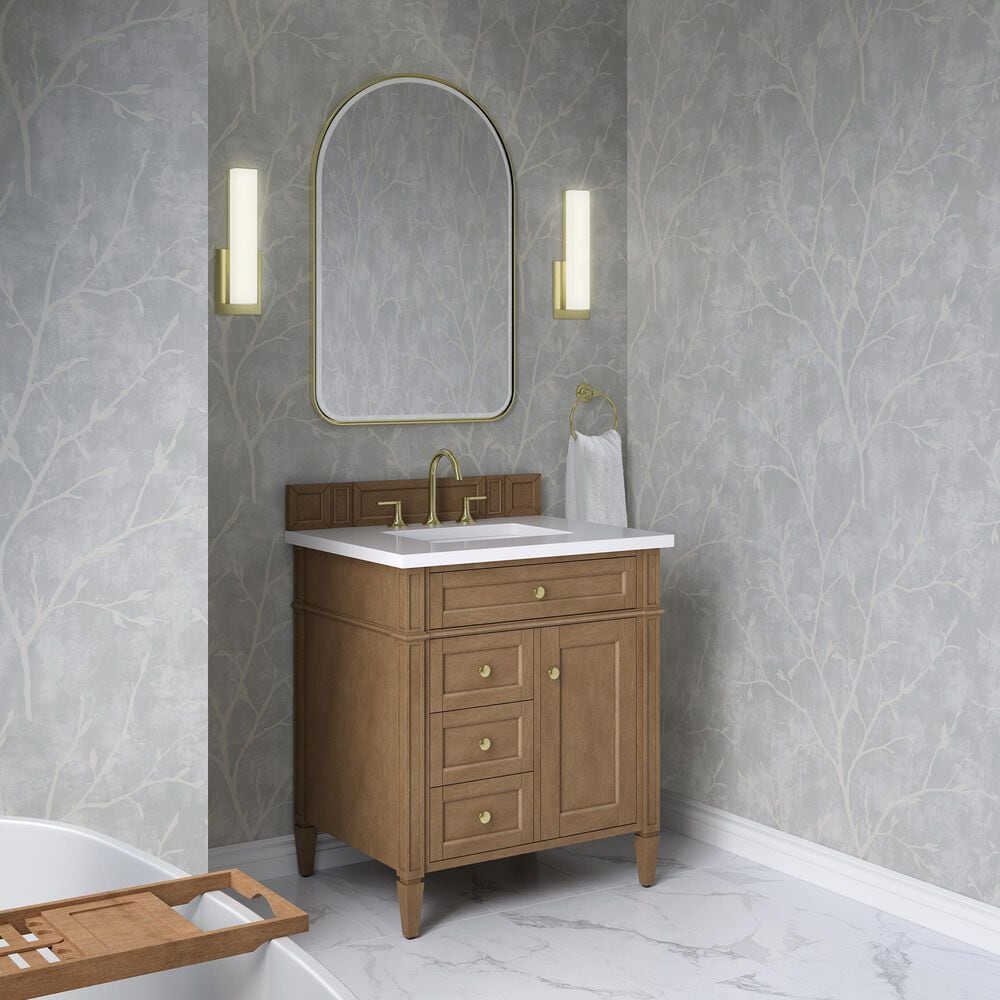 James Martin Brittany 30" Single Bathroom Vanity in Pecan with 3 cm White Zeus Silestone Top and Rectangular Sink, , large