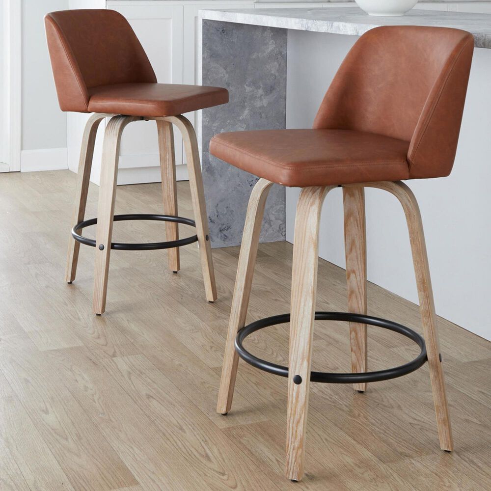 LumiSource Toriano Swivel Counter Stool with Camel Faux Leather Upholstery in Whitewashed and Black (Set of 2), , large