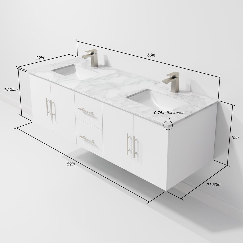 Lexora Home Geneva 60" Double Bathroom Vanity in Glossy White with 2 cm White Carrara Marble Top and Rectangular Sinks, , large