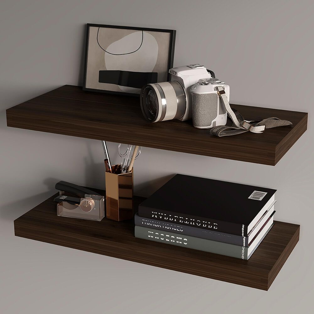 Hearth and Haven Ecco32" Floating Wall Shelf with Concealed Mounting in Dark Oak (Set of 2), , large