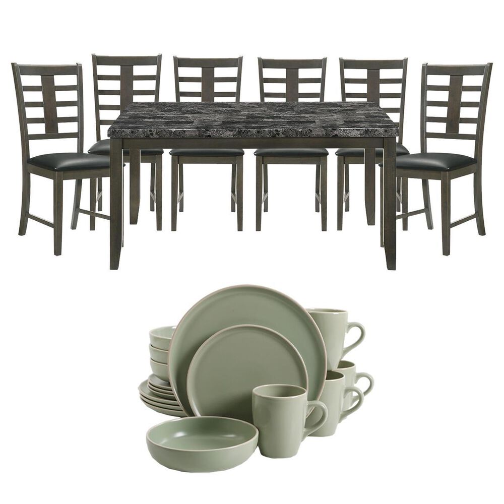 Mayberry Hill Nash 7-Piece Dining Set in Black/Grey and Gibson Elite Serenade 16-Piece Dinnerware Set in Matte Mint , , large
