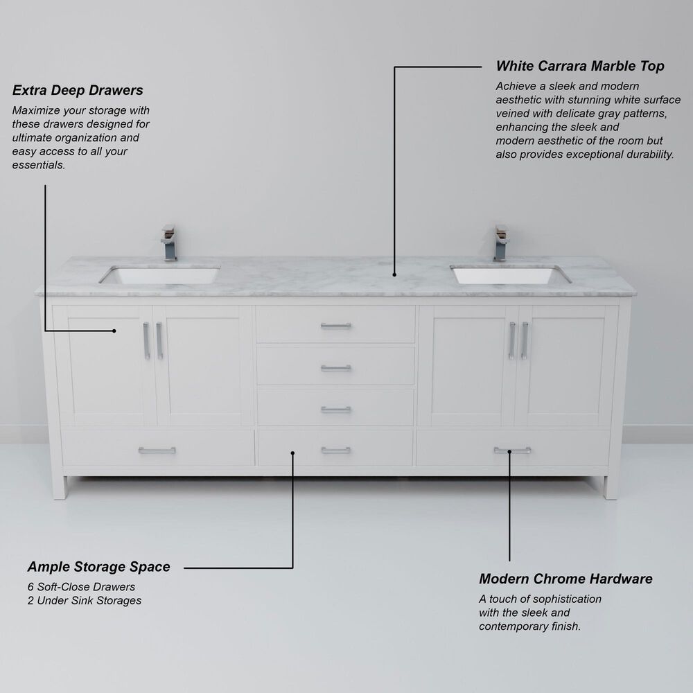 Lexora Home Jacques 80" Double Bathroom Vanity in White with 2 cm White Carrara Marble Top and Rectangular Sinks, , large