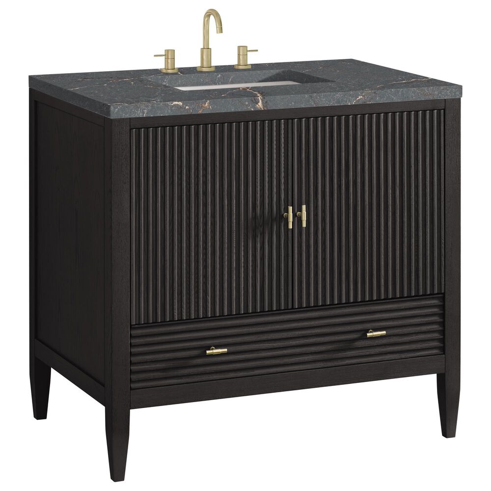 James Martin Vanities Myrrin 36" Vanity in Carbon Oak with 3 cm Parisien Bleu Quartz Top, , large