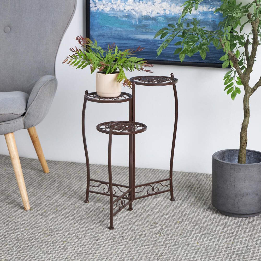 Maple and Jade 3-Tier Indoor/Outdoor Plant Stand with Scroll Details in Brown, , large