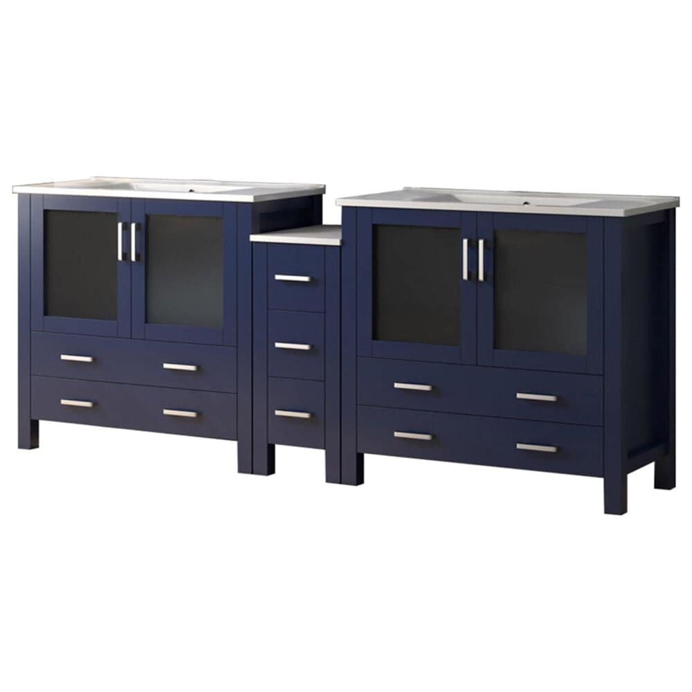 Lexora Home Volez 84" Double Bathroom Vanity in Navy Blue with 2 cm White Ceramic Top, Rectangular Sinks and Side Cabinet, , large