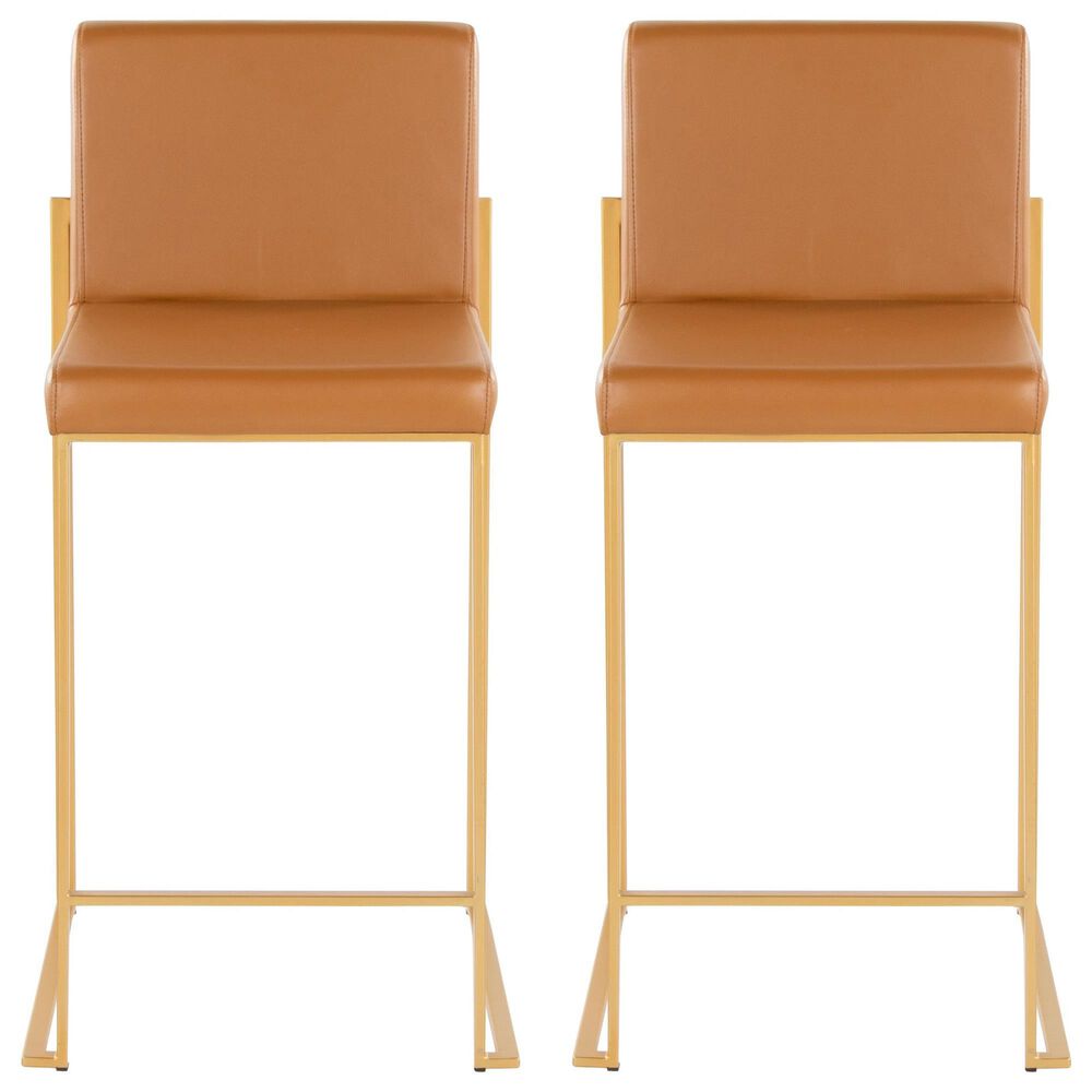 Lumisource Fuji High Back Counter Stool with Camel Faux Leather Cushion in Gold (Set of 2), , large
