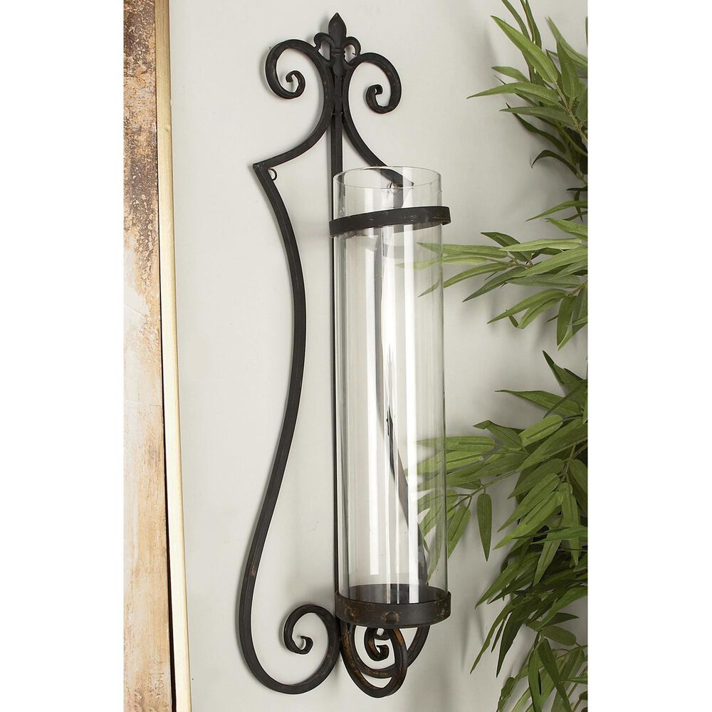 Maple and Jade 31&quot; Single Fleur De Lis Indoor/Outdoor Wall Mount Candle Holder in Weathered Black, Copper and Clear, , large