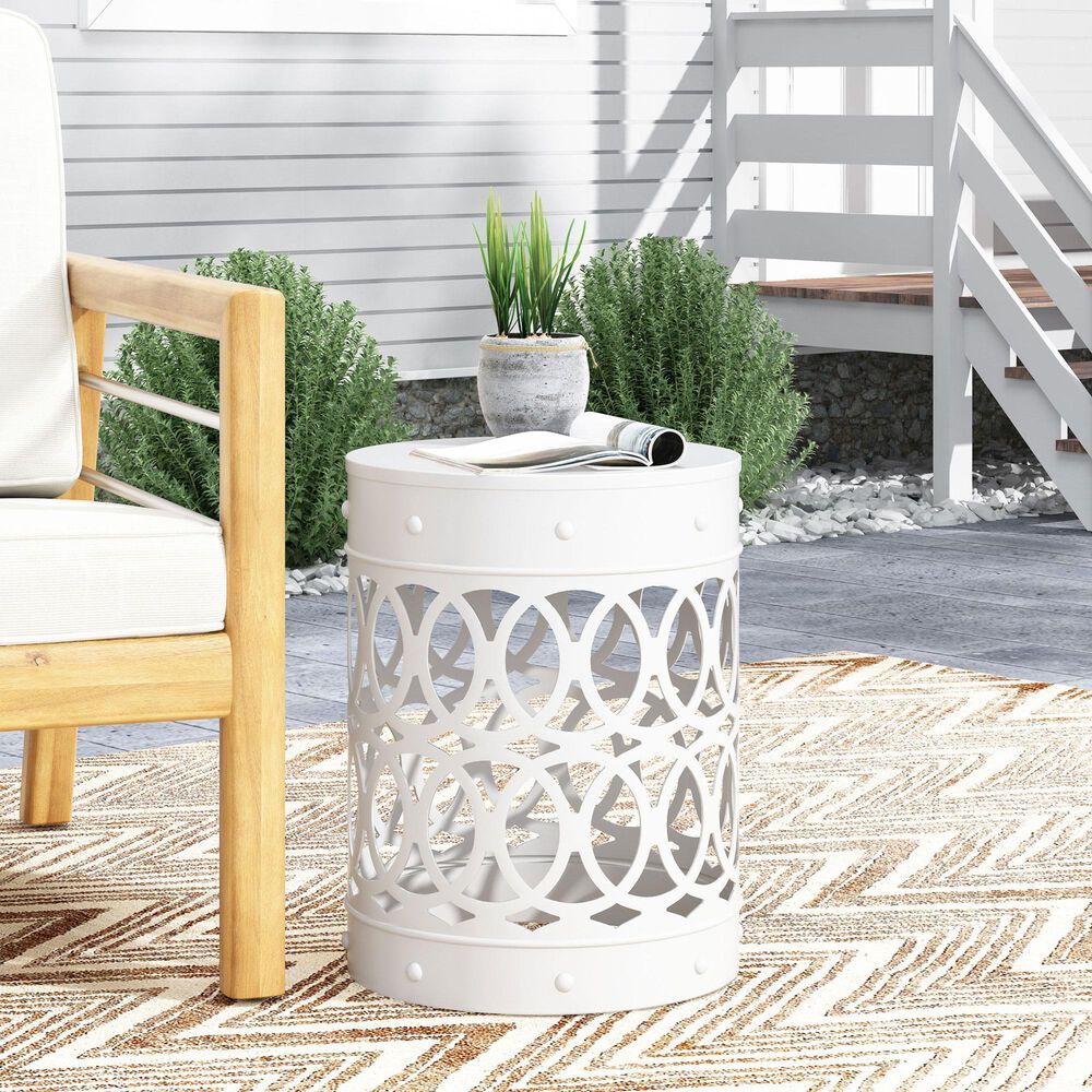 Hearth and Haven Large Cylindrical-Shaped Iron Patio End Table in White, , large
