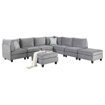 Hearth and Haven Zelmira 8-Piece Stationary Sectional Set in Gray Velvet, , large