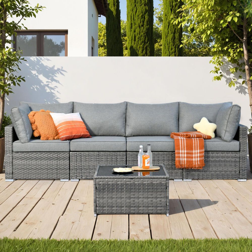 HOMLUX 5-Piece Patio Conversation Set with Grey Wicker in Dark Gray, , large