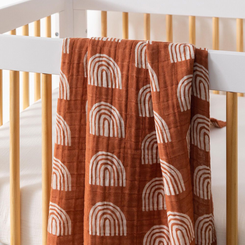 Babyletto Terracotta Rainbow Muslin Swaddle in White and Brown, , large