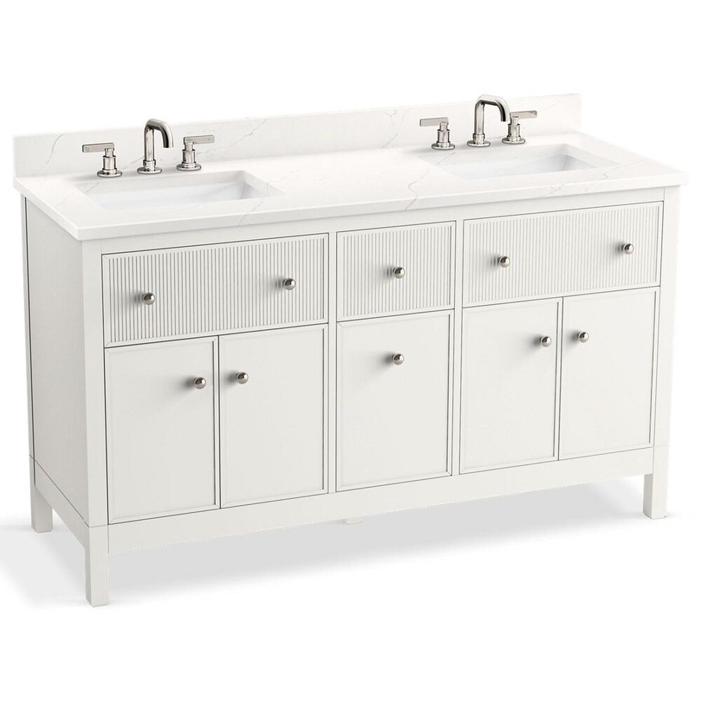 Kohler Malin 60" Double Bathroom Vanity in White with 3 cm White Quartz Top and Rectangular Sinks, , large