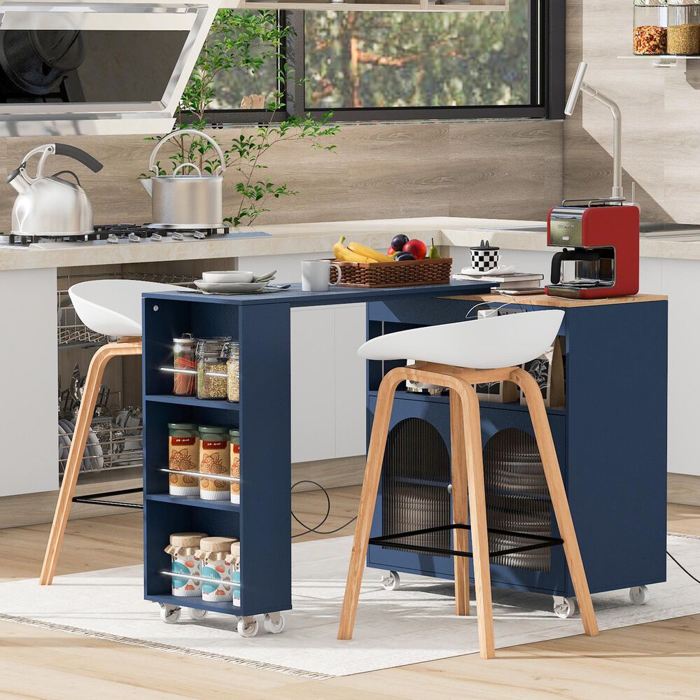 HOMLUX 56" Kitchen Island with Extended Table in Navy Blue, , large