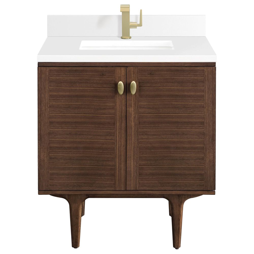 James Martin Vanities Amberly 30" Single Bathroom Vanity in Mid-Century Walnut with Single Hole 3 cm White Zeus Quartz Top and Rectangular Sink, , large