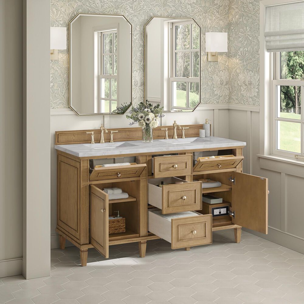 James Martin Vanities Lorelai 60" Double Bathroom Vanity in Light Natural Oak with 3 cm Eternal Jasmine Pearl Silestone Top, Rectangular Sinks and FreePower Wireless Charger, , large
