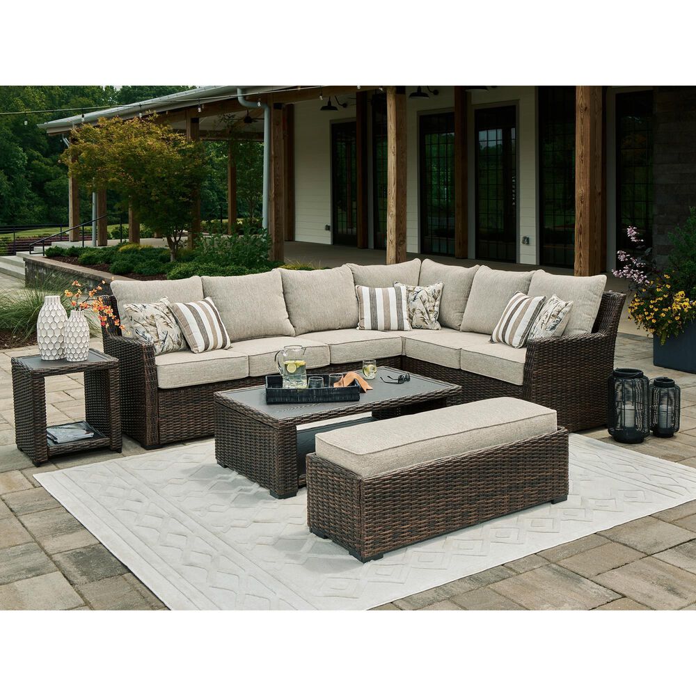 Ashley Brook Ranch 3-Piece Outdoor Sofa Sectional with Bench in Brown, , large