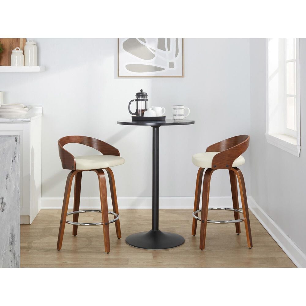 LumiSource Grotto 26" Swivel Counter Stool with Cream Faux Leather Upholstery in Walnut and Chrome (Set of 2), , large
