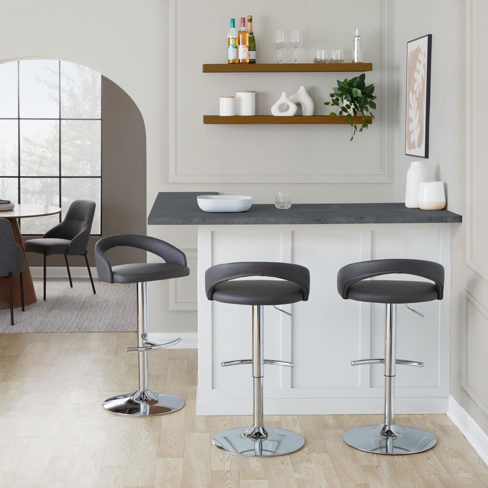 LumiSource Grotto Swivel Adjustable Bar Stool with Grey Faux Leather Upholstery in Chrome (Set of 2), , large