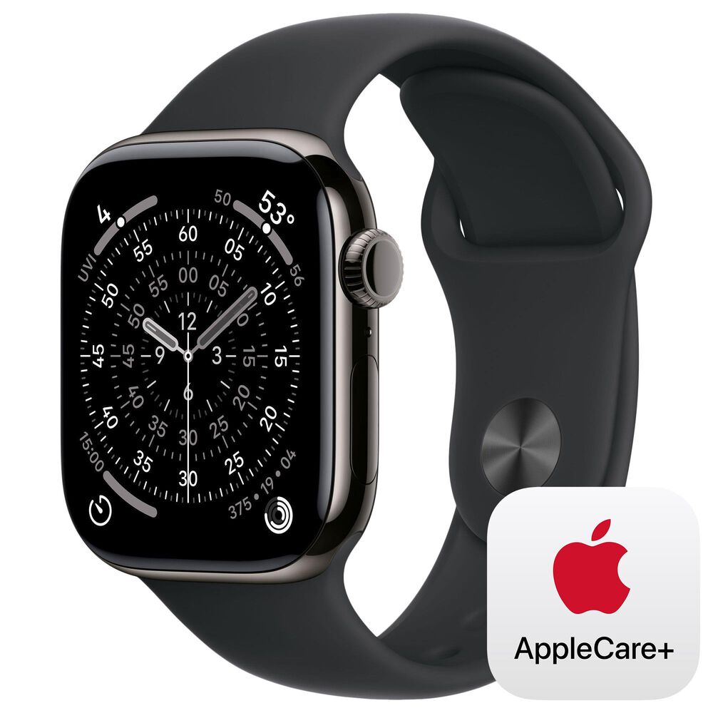 Apple Watch Series 11 (GPS+Cellular) 42mm Titanium Case with Black Sport Band - M/L in Slate and 2-Year AppleCare+, , large