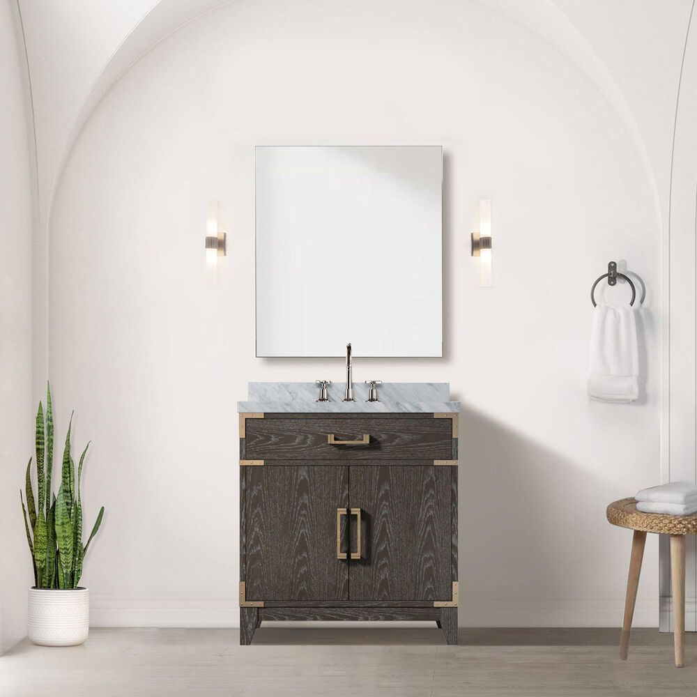 Lexora Home Laurel 30&quot; Single Bathroom Vanity in Brown Oak with White Carrara Marble Top and Rectangular Sink, , large