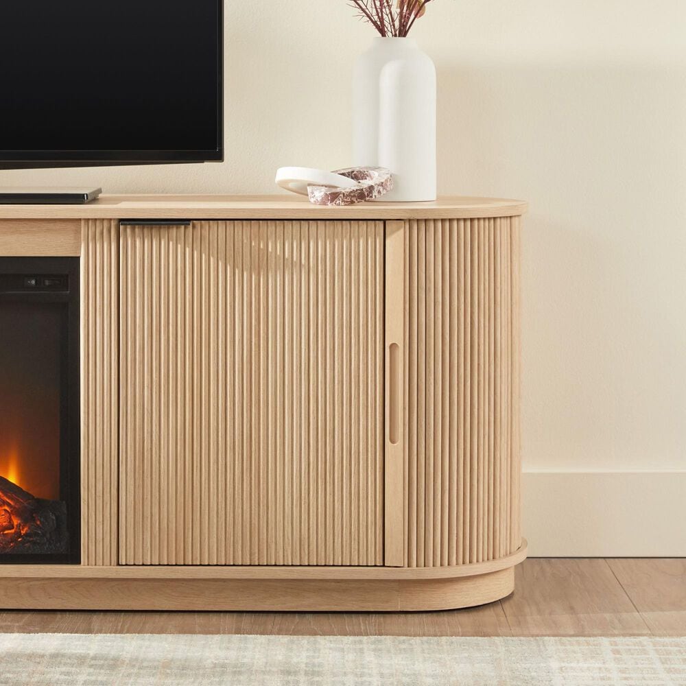 Walker Edison Chloe 70&quot; TV Stand with Freestanding Electric Fireplace in Coastal Oak, , large