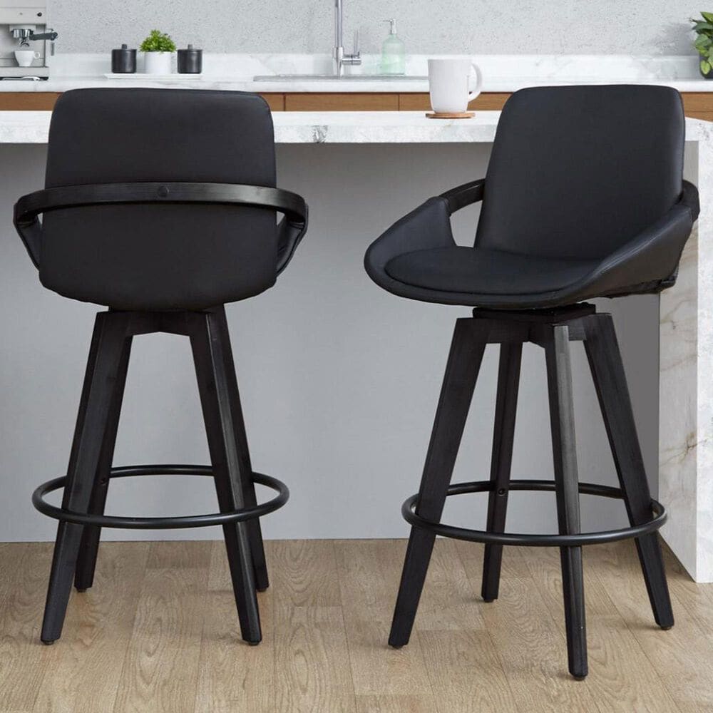 LumiSource Cosmo 26" Swivel Counter Stool with Black Upholstery in Black (Set of 2), , large