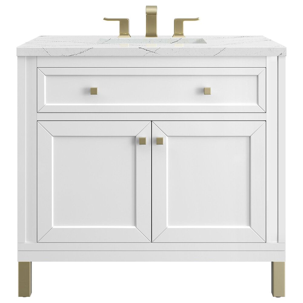 James Martin Vanities Chicago 36" Single Bathroom Vanity in Glossy White with 3 cm Ethereal Noctis Quartz Top and Rectangular Sink, , large