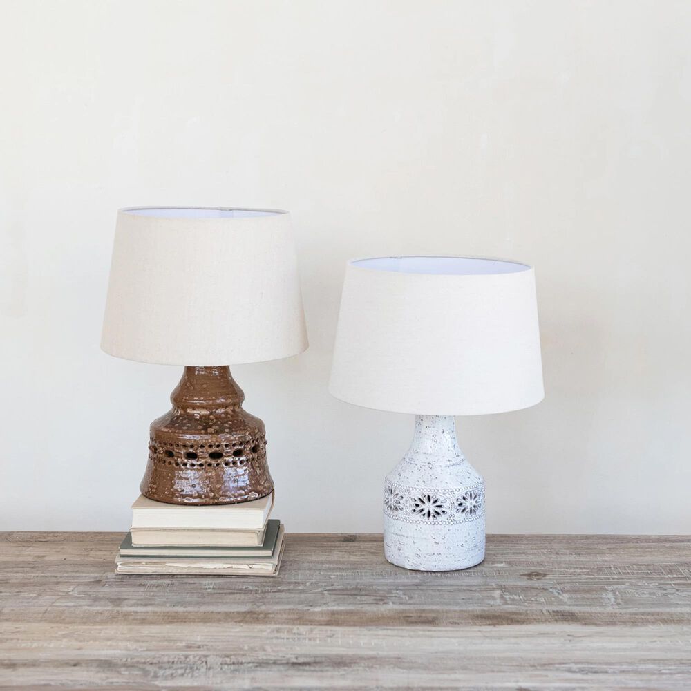Teak Interiors Clementine Vintage Reproduction Table Lamp with Linen Shade in White Reactive Glaze, , large
