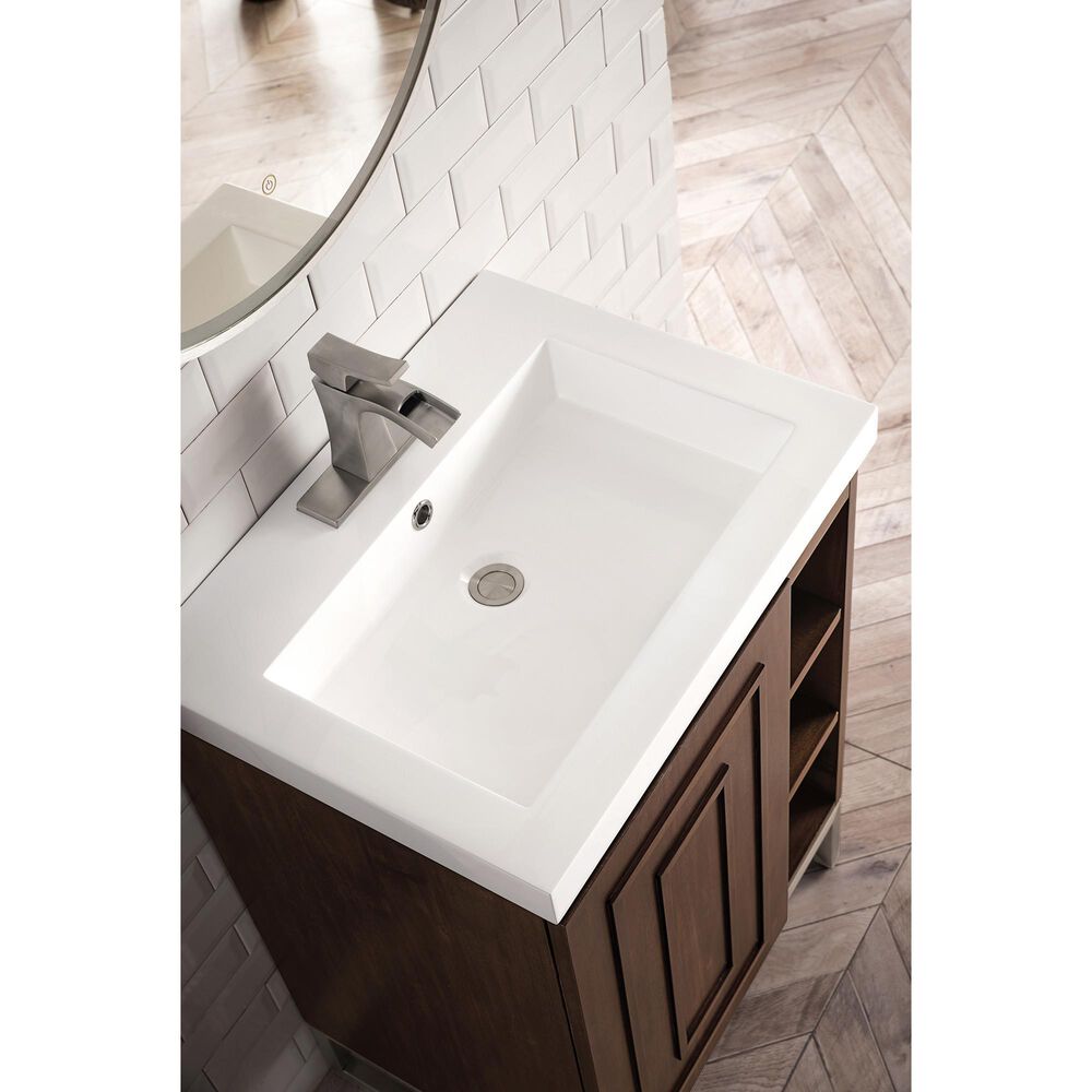 James Martin Vanities Alicante 24&quot; Single Bathroom Vanity in Mid Century Acacia and Brushed Nickel with 5 cm White Glossy Resin Top and Rectangular Sink, , large