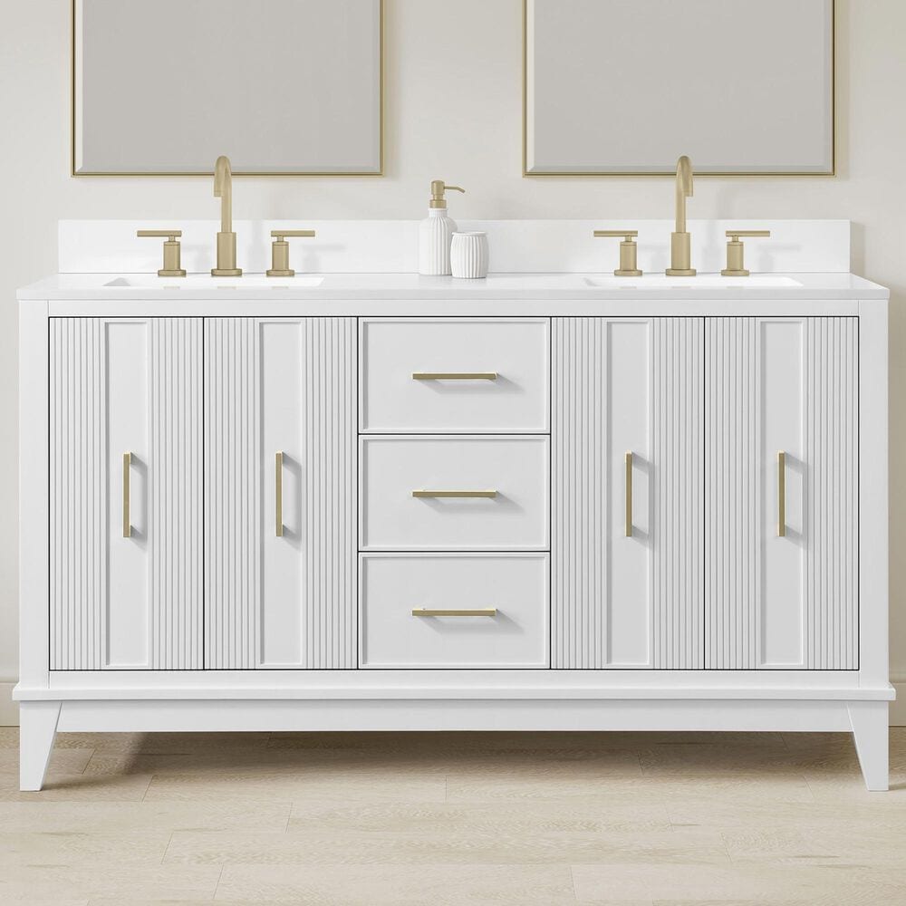 37B Fenwick 60" Double Bathroom Vanity in Bright White with Glossy White Composite Stone Top and Backsplash, , large