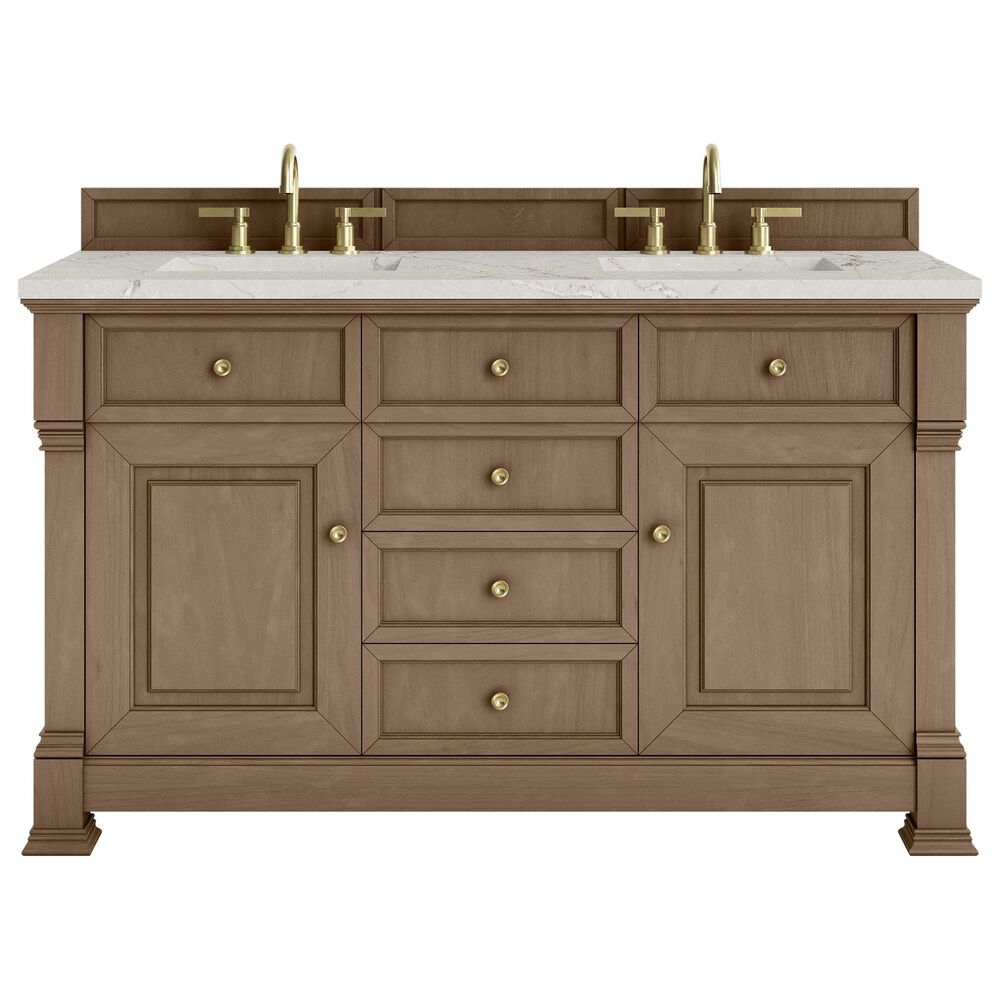 James Martin Vanities Brookfield 60" Double Bathroom Vanity in Pecan with 3 cm Eternal Jasmine Pearl Silestone Top, Rectangular Sinks and FreePower Wireless Charger, , large