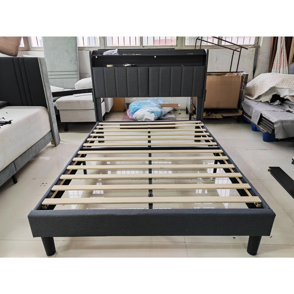 HOMLUX Full Storage Platform Bed with LED Headboard with Charging Station in Gray, , large