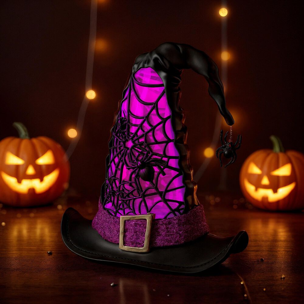 The Gerson Company 9.75&quot;H Battery-Operated Lighted Spinning Smoky Water Globe Witch Hat in Black, , large