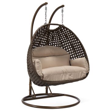 Leisuremod Mendoza Patio 2-Seat Hanging Egg Swing Chair with Beige Cushion in Dark Brown, , large