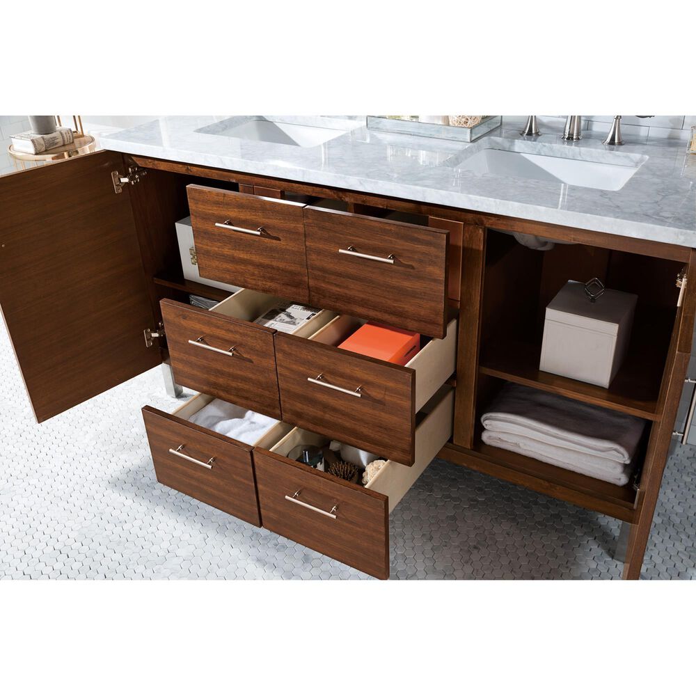 James Martin Metropolitan 60" Double Bathroom Vanity in American Walnut with 3 cm Carrara White