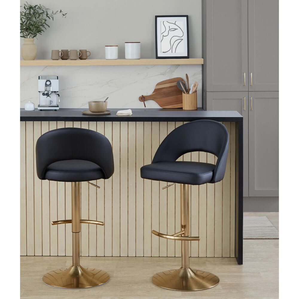 LumiSource Renee Adjustable Swivel Bar Stool with Black Faux Leather Upholstery in Gold (Set of 2), , large