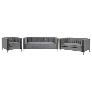 Morden Fort Channel Tufted 3-Piece Stationary Living Room Set in Grey Velvet, , large