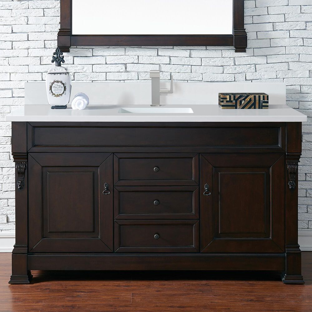James Martin Vanities Brookfield 60&quot; Single Bathroom Vanity in Burnished Mahogany with Single Hole 3 cm White Zeus Quartz Top and Rectangular Sink, , large