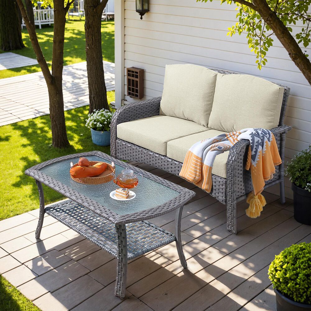 HOMLUX 2-Piece Patio Loveseat and Coffee Table Set in Beige, , large