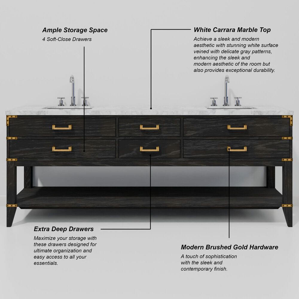 Lexora Home Norwalk 84" Double Bathroom Vanity in Black Oak with White Carrara Marble Top and Rectangular Sinks, , large