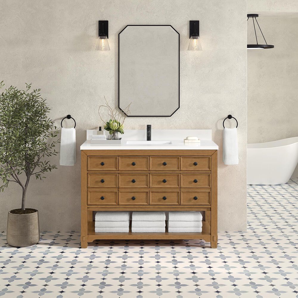 James Martin Vanities Malibu 48&quot; Single Bathroom Vanity in Amber Birch with Single Hole 3 cm White Zeus Quartz Top and Rectangular Sink, , large