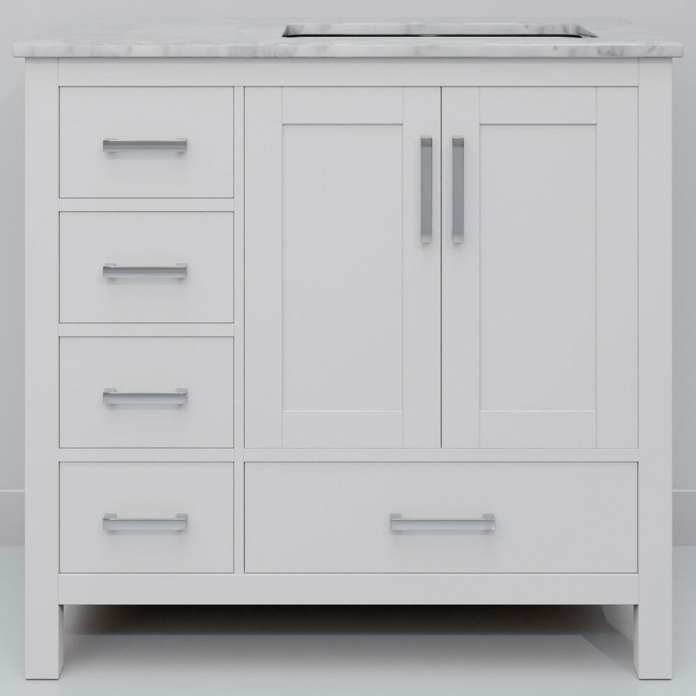 Lexora Home Jacques 36&quot; Right Offset Single Bathroom Vanity in White with 2 cm White Carrara Marble Top and Rectangular Sink, , large