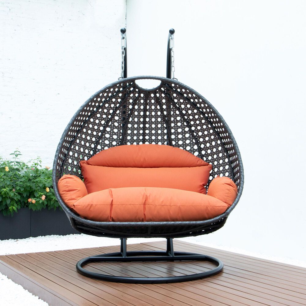 Leisuremod Patio 2-Seat Hanging Egg Swing Chair with Orange Cushion in Charcoal, , large