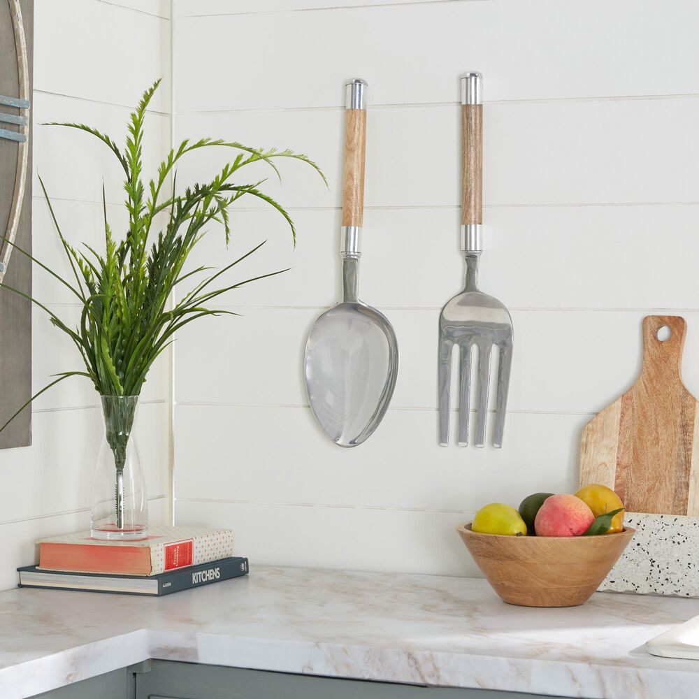 Maple and Jade 22&quot; x 7&quot; Kitchen Utensils Wall Decor in Brown and Silver &#40;Set of 2&#41;, , large