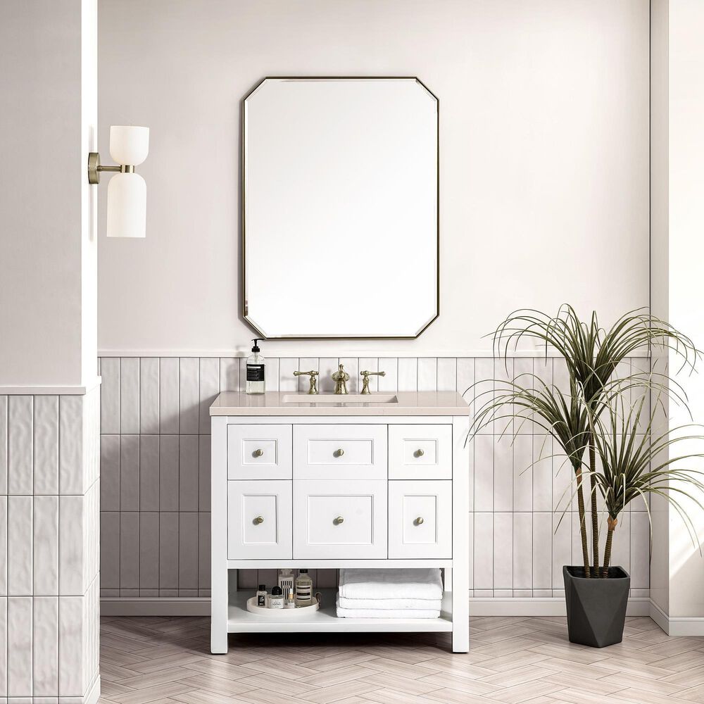 James Martin Vanities Breckenridge 36" Single Bathroom Vanity in Bright White with 3 cm Eternal Marfil Quartz Top and Rectangular Sink, , large