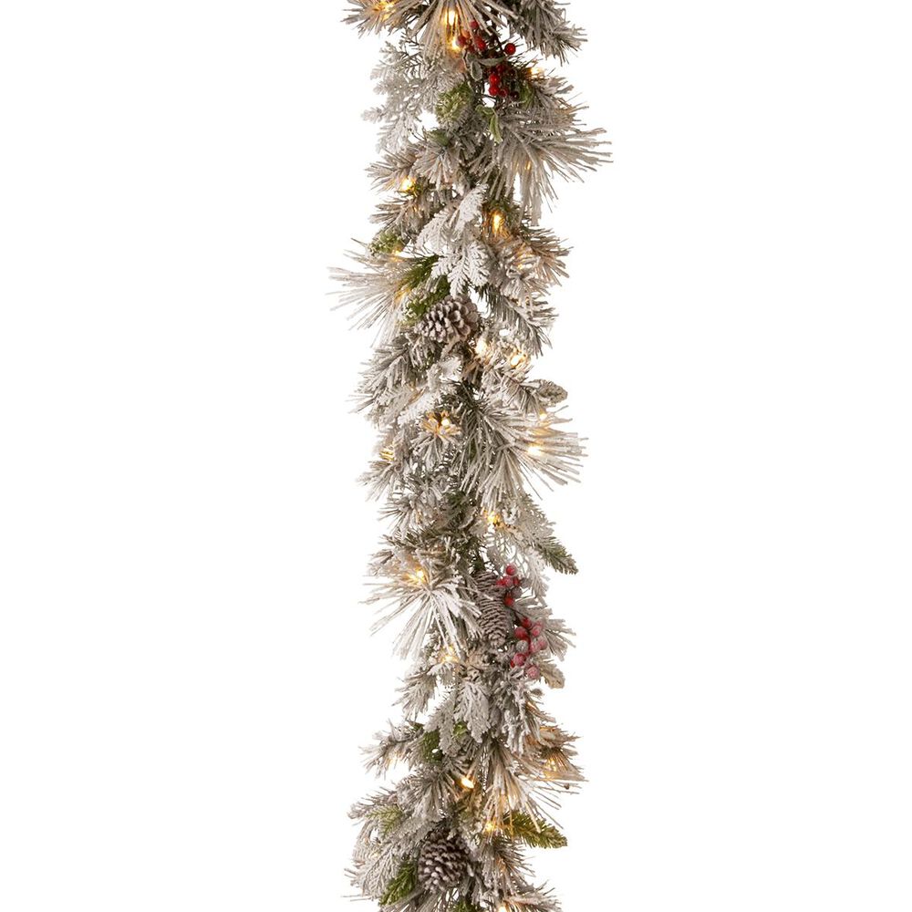 National Tree 9" Snowy Bedford Pine Garland with Battery Operated LED Lights, , large