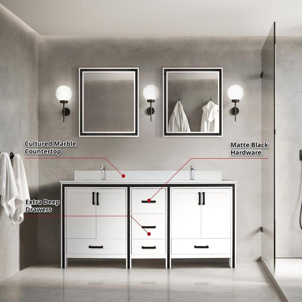 Lexora Home Ziva 72&quot; Double Bathroom Vanity in White with 2 cm White Cultured Marble Top and Rectangular Sinks, , large